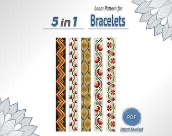 Floral Loom Bracelet Pattern Bundle, 5 in 1 Folk Seed Bead PDF Chart