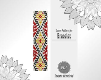Yellow White Red Folk Bead Bracelet Pattern, Geometric Seed Bead Loom Chart PDF