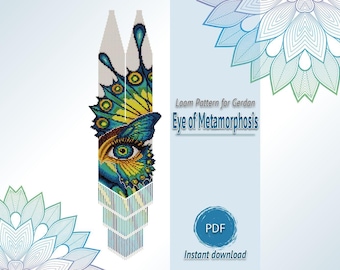 Könnte beinhalten: Ein Webmuster für eine Gerdan-Halskette mit dem Titel Eye of Metamorphosis. Das Design zeigt ein detailliertes menschliches Auge, umgeben von leuchtend blauen, grünen und gelben Schmetterlingsflügelmustern, abgeschlossen mit einer langen Franse.