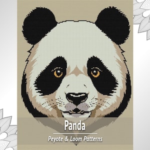 May include: A pixel art style panda face pattern featuring black ears, black eye patches, and amber eyes on a beige background. The text below the panda reads Panda Peyote & Loom Patterns in white font against a dark gray horizontal banner.