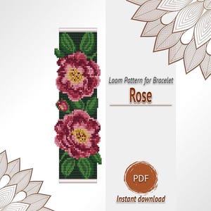 Rose Loom Cuff Bracelet Pattern PDF, Seed Bead Floral Design