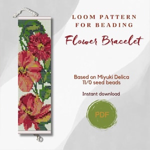 Flower Beaded Bracelet Pattern PDF, Loom Bead Cuff Jewelry DIY, Floral Seed Bead Design, Miyuki Delica Chart, Instant Download