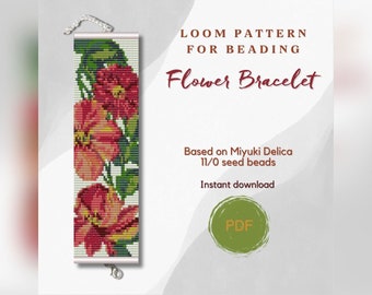 Flower beaded bracelet pattern, PDF beading loom pattern based on Miyuki Delica 11/0 seed beads, Bead weaving pattern, Art jewelry pattern