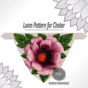 Schema per collana girocollo con frange di perline a forma di fiore rosa, schema per collana con perline al telaio, PDF fai da te per gioielli floreali