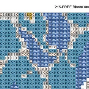 May include: A cross-stitch pattern chart titled 215-FREE Bloom and Soar, featuring a grid of squares filled with letters C, E, K, M, and D, representing different thread colors in shades of blue, light blue, and white for embroidery projects.