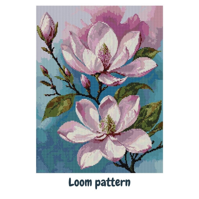 May include: A loom pattern featuring two pink magnolia flowers with green leaves and stems on a blue background. The text "Loom pattern" is at the bottom of the image.