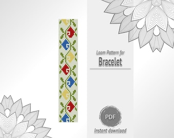 White Bead Bracelet with Colorful Floral Ornament Pattern, Seed Bead Loom Chart PDF