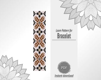 White Brown Geometric Bead Bracelet Pattern, Seed Bead Loom Chart PDF