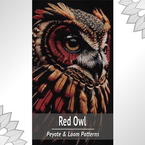 Op de afbeelding: Een digitaal patroonontwerp met een gedetailleerde close-up van een uil met zwarte, bruine en rode veren. De tekst onderaan luidt Red Owl Peyote & Loom Patterns. Het ontwerp wordt omlijst door twee decoratieve grijze florale mandala-hoekaccenten.