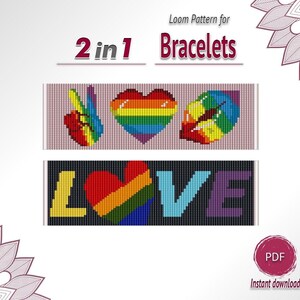 2 in 1 Loom Cuff Bracelet Patterns PDF, Rainbow Pride Heart Seed Bead Chart