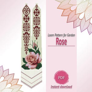 May include: A digital loom pattern for a gerdan featuring a rose design. The pattern displays two vertical strips with intricate dark red geometric motifs and a realistic pink rose with green leaves at the bottom. Text reads Loom Pattern for Gerdan Rose.