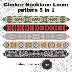 Beaded Choker Necklace pattern, PDF beading loom pattern based on Preciosa Rocailles 11/0 seed beads, Bead weaving pattern 5 in 1