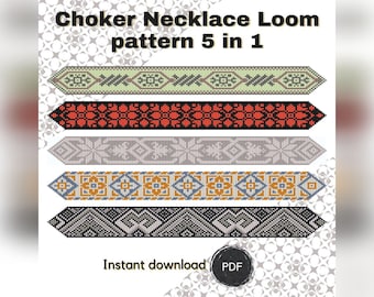 Beaded Choker Necklace pattern, PDF beading loom pattern based on Preciosa Rocailles 11/0 seed beads, Bead weaving pattern 5 in 1