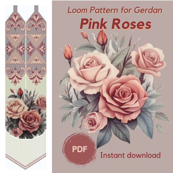 Patrón de cuentas de collar de rosas rosas, patrón PDF con cuentas gerdan, patrón de telar de cuentas de rosas, collar tradicional ucraniano tejido de cuentas