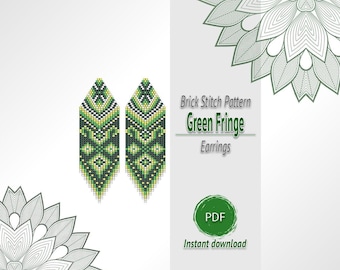 Green Brick Stitch Earrings Pattern, Fringe Seed Bead PDF Design