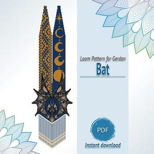 May include: A digital loom pattern for a gerdan necklace featuring a bat motif. The design includes two long vertical beaded strips, one with a gold geometric pattern and one with blue moon phases, ending in a bat head graphic and fringe.