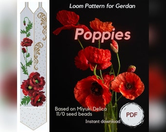 Red Poppies beading gerdan necklace pattern, PDF beaded loom pattern based on Miyuki Delica 11/0 seed beads, Traditional Ukrainian necklace