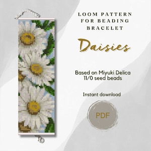 Daisies beaded bracelet pattern, PDF beading loom pattern based on Miyuki Delica 11/0 seed beads, Bead weaving pattern, Art jewelry pattern