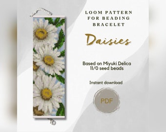 Daisies beaded bracelet pattern, PDF beading loom pattern based on Miyuki Delica 11/0 seed beads, Bead weaving pattern, Art jewelry pattern