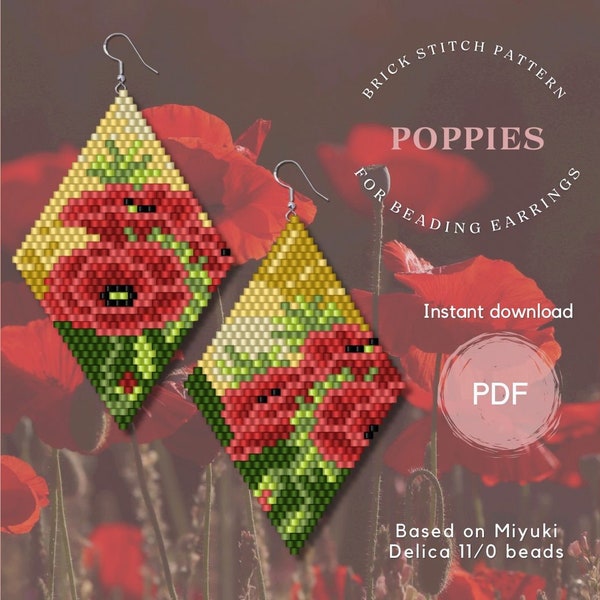 Motif de boucles d'oreilles en perles de pavot, motif de boucles d'oreilles brick stitch Miyuki Delica, motif PDF de broderie perlée à téléchargement numérique