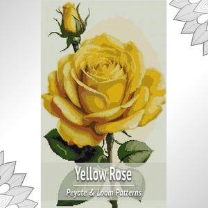 Puede incluir: Un diseño de patrón digital que presenta una rosa amarilla grande y detallada en plena floración con un capullo más pequeño encima, sobre un fondo de cuadrícula. El texto "Yellow Rose" y "Peyote & Loom Patterns" aparece en blanco abajo.