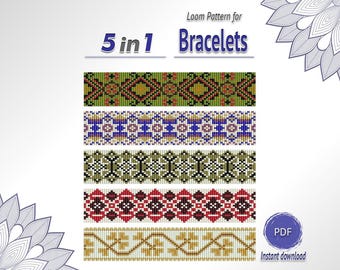 Geometric Loom Bracelet Pattern Set 5 in 1, Seed Bead Bracelet PDF