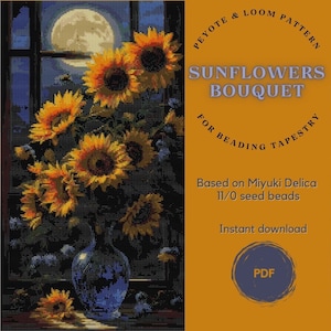 Kralenpatroon zonnebloemen boeket, nachtraam maanscène, pdf-patroon wandtapijt, weefgetouw en peyote-diagram, Miyuki-kralen, pdf direct download