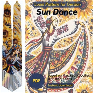 Sun Dance beaded necklace pattern, PDF beading loom pattern based on Preciosa Rocailles seed beads, Traditional Ukrainian gerdan necklace image 1