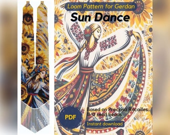 Sun Dance beaded necklace pattern, PDF beading loom pattern based on Preciosa Rocailles seed beads, Traditional Ukrainian gerdan necklace