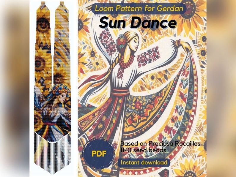 Sun Dance beaded necklace pattern, PDF beading loom pattern based on Preciosa Rocailles seed beads, Traditional Ukrainian gerdan necklace image 1