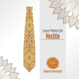 Peut inclure: Un motif de cravate avec un design géométrique dans des tons orange, jaune, marron et blanc. Le texte indique Loom Pattern for Necktie, PDF et Instant download. Le design est encadré par deux grands mandalas floraux marron clair.