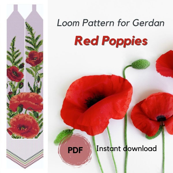 Red Poppies necklace beaded pattern, PDF pattern beaded gerdan, Bead Red Poppies loom pattern, Bead weaving traditional Ukrainian necklace