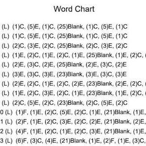 May include: A black and white word chart for a craft project, titled Word Chart at the top. It lists thirteen rows of instructions, each starting with Row followed by a number, then L, and a sequence of letters C, E, F, and Blank in parentheses.