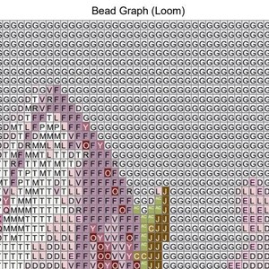 May include: A bead graph pattern for loom knitting, with a colorful design featuring pink, brown, green, and yellow beads. The pattern includes letters and symbols, such as "G", "D", "T", "F", "V", "Y", "O", "R", "J", "C", "A", "P", "M", "L", "E", and "W".