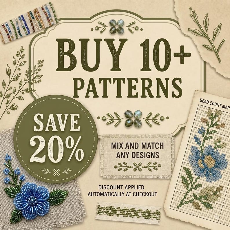 May include: A promotional graphic featuring the text BUY 10+ PATTERNS and SAVE 20% with the phrase MIX AND MATCH ANY DESIGNS. The image displays various beadwork samples, including a blue floral beaded motif and a grid-based bead count map.