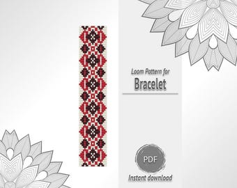 White Red Bead Bracelet Ornament Pattern, Geometric Seed Bead Loom Chart PDF