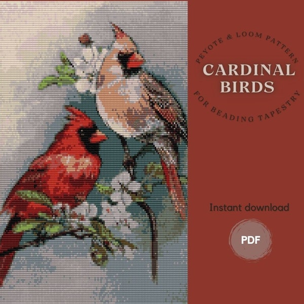 Cardinal Birds beading tapestry pattern based on Miyuki Delica 11/0 beads, Loom & peyote pattern, Home decor tapestry, PDF instant download