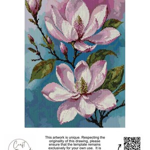 May include: A digital cross stitch pattern featuring two pink magnolia flowers with green leaves and buds against a blue sky background. The pattern is for personal use only.