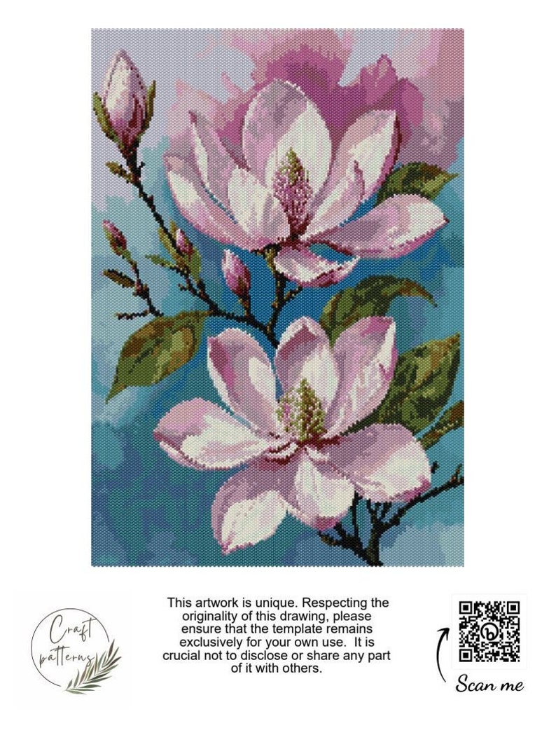 May include: A digital cross stitch pattern featuring two pink magnolia flowers with green leaves and buds against a blue sky background. The pattern is for personal use only.