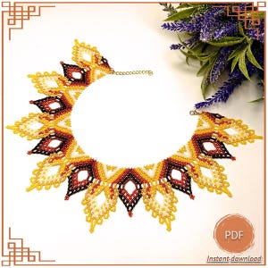 May include: A beaded necklace with a sunburst design. The necklace features yellow, red, and black beads arranged in a geometric pattern. The necklace has a gold-colored chain and clasp. The image also includes the text "PDF" and "Instant download".