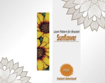May include: A digital loom pattern for a bracelet featuring a sunflower design with yellow petals and a dark brown center. The text reads Loom Pattern for Bracelet Sunflower and PDF Instant download. The design is set against a light background.
