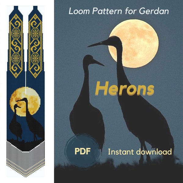 Herons Necklace beaded pattern, PDF pattern beaded gerdan, Heron Bird beading loom pattern, Bead weaving traditional Ukrainian necklace