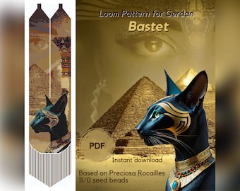 Bastet Egyptian Goddess of Protection, Beaded gerdan necklace pattern, PDF beading loom pattern based on Preciosa Rocailles 11/0 seed beads