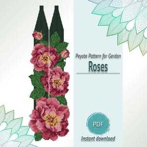May include: A digital PDF pattern for a peyote stitch gerdan necklace featuring a vertical design of deep pink roses with green leaves on a dark background. The text reads Peyote Pattern for Gerdan Roses, PDF, and Instant download.
