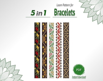 Folk Loom Bracelet Pattern Bundle, 5 in 1 Floral Seed Bead PDF Chart