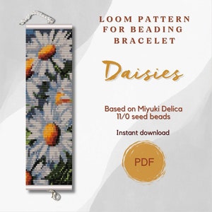 Daisies beaded bracelet pattern, PDF beading loom pattern based on Miyuki Delica 11/0 seed beads, Bead weaving pattern, Art jewelry pattern
