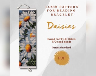 Daisies beaded bracelet pattern, PDF beading loom pattern based on Miyuki Delica 11/0 seed beads, Bead weaving pattern, Art jewelry pattern