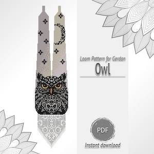 May include: A digital loom pattern for a gerdan necklace featuring an owl design. The graphic displays a black and white owl with yellow eyes, a crescent moon, and star motifs on a light gray background, with the text Loom Pattern for Gerdan Owl.
