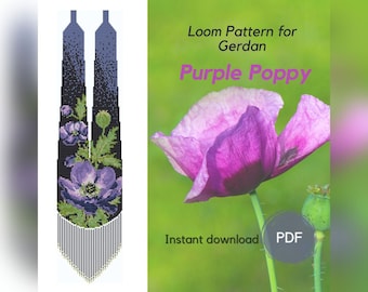 Gerdan beaded necklace pattern, Purple poppy beading loom pattern, PDF pattern beaded blooming poppy gerdan, Traditional Ukrainian necklace