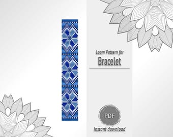 Blue Geometric Medallion Bead Bracelet Pattern, Dark Navy Cobalt Seed Bead Loom Chart PDF